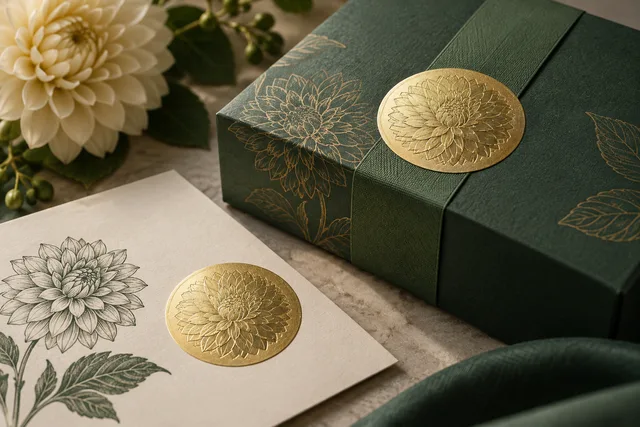 Selos de etiqueta premium em metalizado dourado sobre uma embalagem elegante, com o metalizado refletindo uma luz direcional suave