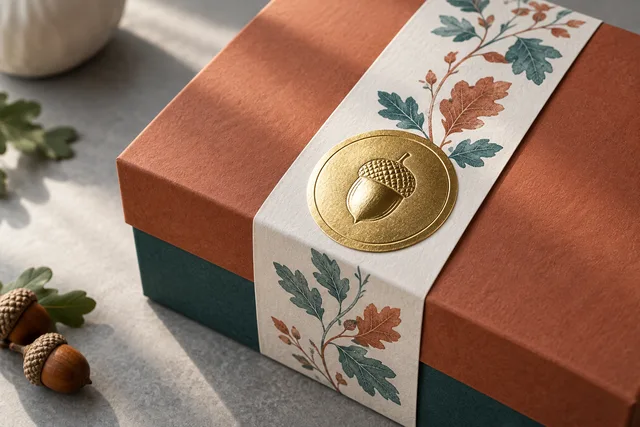 Selos de etiqueta premium em metalizado dourado sobre uma embalagem elegante, com o metalizado refletindo uma luz direcional suave