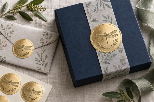 Selos de etiqueta premium em metalizado dourado sobre uma embalagem elegante, com o metalizado refletindo uma luz direcional suave