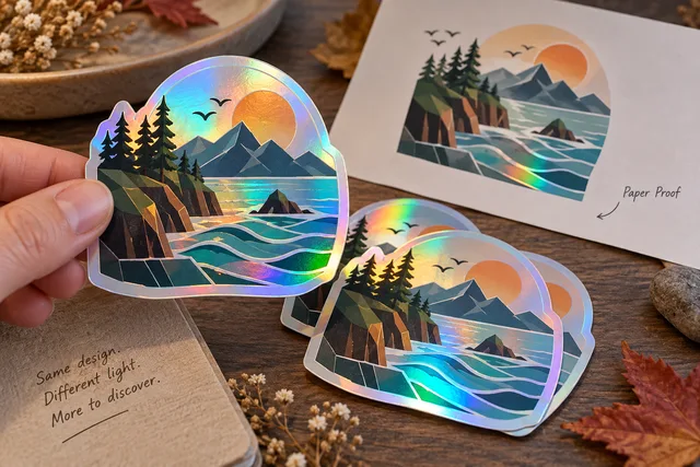 Exemple illustratif original : autocollants holographiques imprimés originaux aux reflets arc-en-ciel, avec des zones colorées opaques sélectives