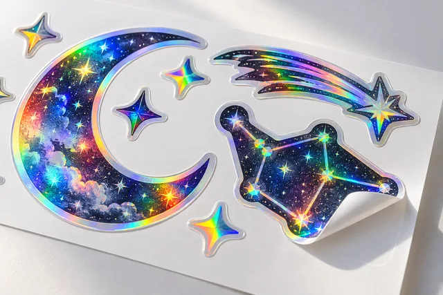 Autocollants croissant de lune, comète et constellation avec un pelliculage holographique prismatique