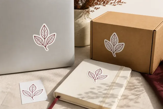 Autocollants assortis à emblème de feuille sur une boîte, un sac fourre-tout et une feuille support