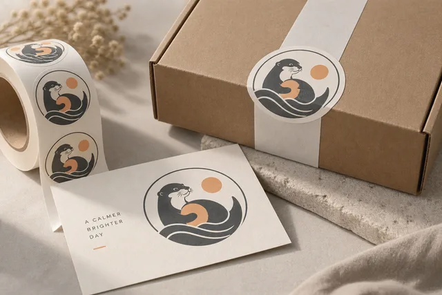 Ein originales abstraktes Emblem, als Logo-Aufkleber auf Verpackungen gedruckt, keine echten Marken