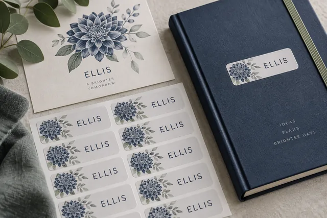 Étiquettes autocollantes nominatives imprimées portant le nom ELLIS sur leur papier support, à côté d’un cahier étiqueté, sans écussons brodés