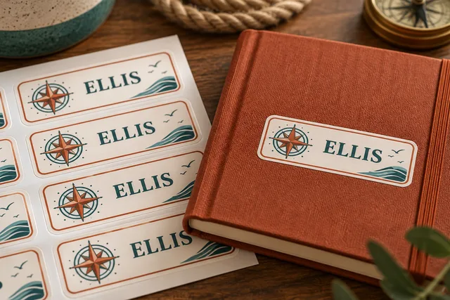 Printed name sticker labels reading ELLIS on their backing paper, beside a labeled notebook, no embroidered patches