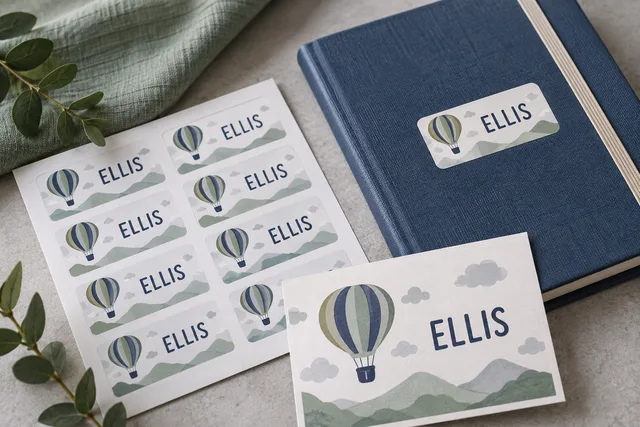 Printed name sticker labels reading ELLIS on their backing paper, beside a labeled notebook, no embroidered patches