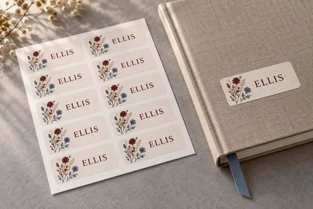 Printed name sticker labels reading ELLIS on their backing paper, beside a labeled notebook, no embroidered patches