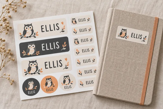 Printed name sticker labels reading ELLIS on their backing paper, beside a labeled notebook, no embroidered patches