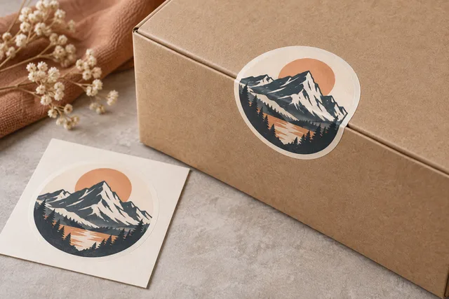 Un sello adhesivo decorativo impreso que une el cierre de una caja de regalo kraft
