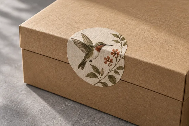 Un sello adhesivo decorativo impreso que une el cierre de una caja de regalo kraft