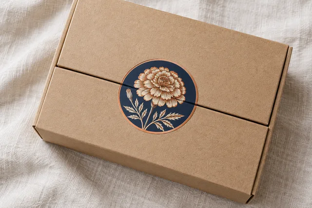 Un sello adhesivo decorativo impreso que une el cierre de una caja de regalo kraft