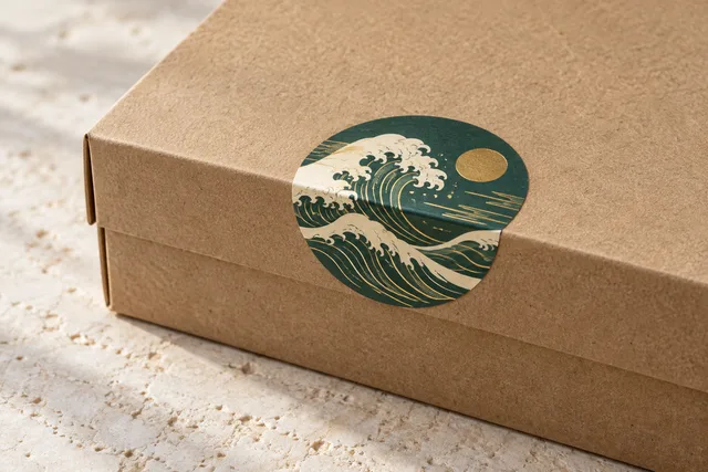 Un sello adhesivo decorativo impreso que une el cierre de una caja de regalo kraft