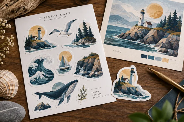 Original illustrative example: a premium collection of original printed illustrated stickers on intact backing paper and one loose contour-cut sticker