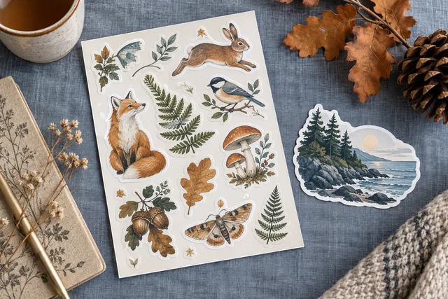 Original illustrative example: a premium collection of original printed illustrated stickers on intact backing paper and one loose contour-cut sticker