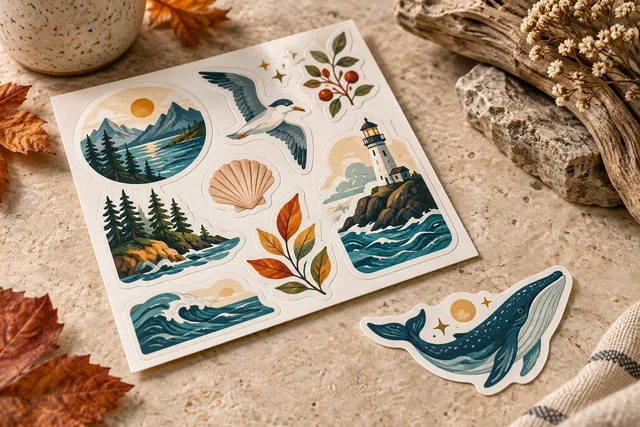 Original illustrative example: a premium collection of original printed illustrated stickers on intact backing paper and one loose contour-cut sticker