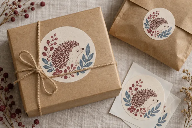 Matte paper sticker labels on kraft packaging with realistic paper fibers and clear printed artwork