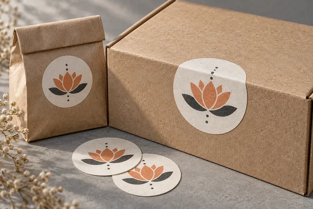 Matte paper sticker labels on kraft packaging with realistic paper fibers and clear printed artwork