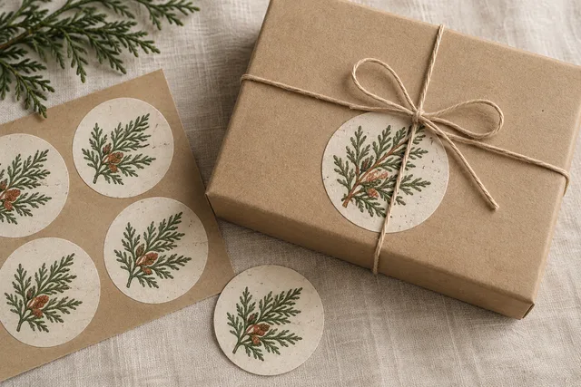 Matte paper sticker labels on kraft packaging with realistic paper fibers and clear printed artwork