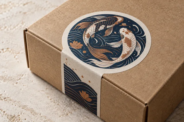 Matte paper sticker labels on kraft packaging with realistic paper fibers and clear printed artwork