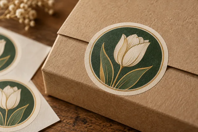 Matte paper sticker labels on kraft packaging with realistic paper fibers and clear printed artwork