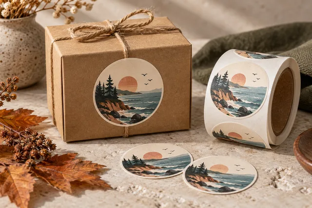 Original illustrative example: matte paper sticker labels on kraft packaging with realistic paper fibers and clear printed artwork