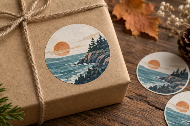 Original illustrative example: matte paper sticker labels on kraft packaging with realistic paper fibers and clear printed artwork