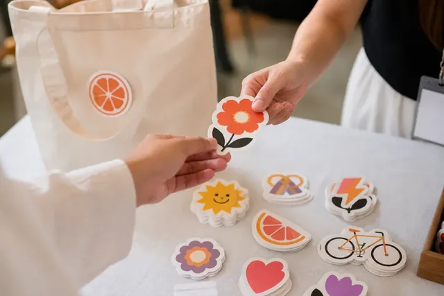 Autocollants promotionnels colorés disposés sur une table et un sac fourre-tout