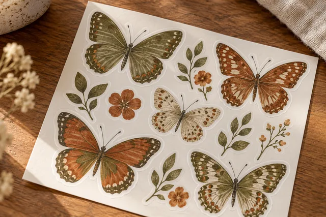 Une planche d’autocollants soignée contenant plusieurs motifs originaux distincts, avec des marges de support intactes
