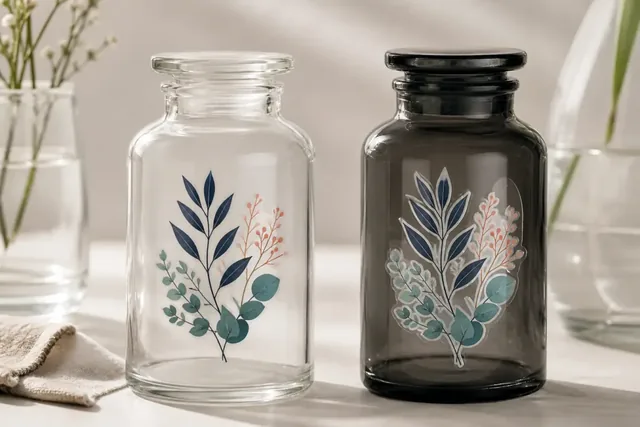 Autocollants botaniques transparents sur des bouteilles en verre transparent et foncé