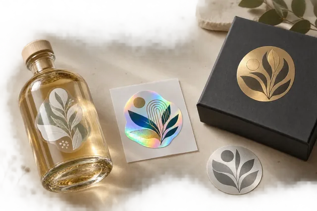 Botanical transparent and metallic sticker samples on bottles and packaging