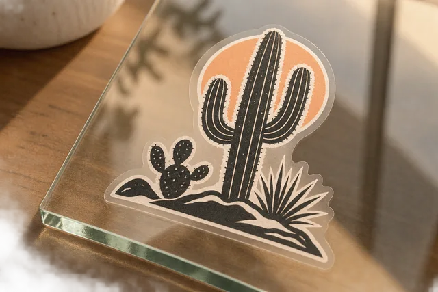 A transparent printed sticker on glass with clear unprinted areas and a white ink underbase beneath colored artwork