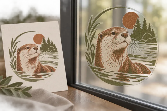 A transparent printed sticker on glass with clear unprinted areas and a white ink underbase beneath colored artwork