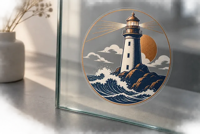 A transparent printed sticker on glass with clear unprinted areas and a white ink underbase beneath colored artwork