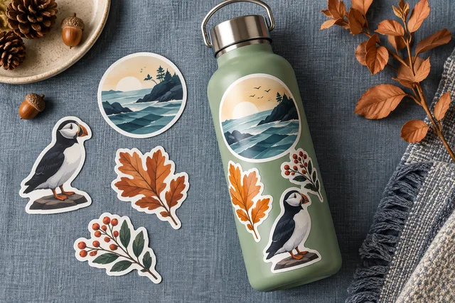 Original illustrative example: smooth printed vinyl stickers applied to a clean reusable item, clear printed detail and adhesive edge