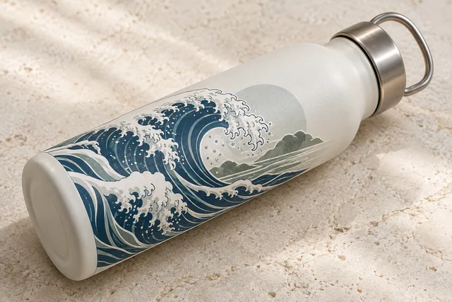 Smooth printed vinyl stickers applied to a clean reusable item, clear printed detail and adhesive edge