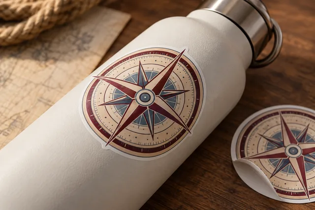 Smooth printed vinyl stickers applied to a clean reusable item, clear printed detail and adhesive edge