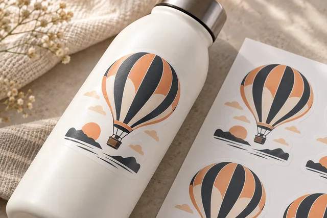 Smooth printed vinyl stickers applied to a clean reusable item, clear printed detail and adhesive edge