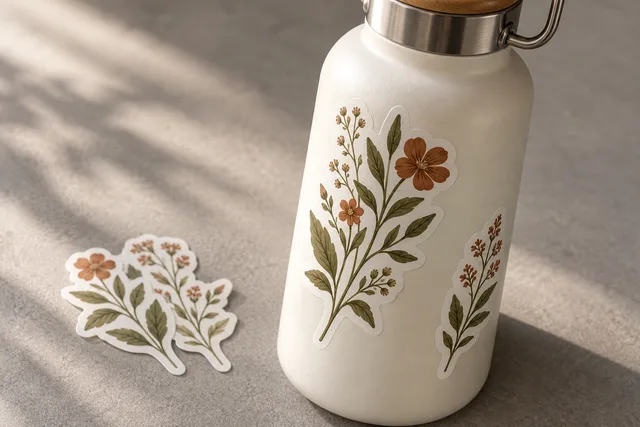 Smooth printed vinyl stickers applied to a clean reusable item, clear printed detail and adhesive edge