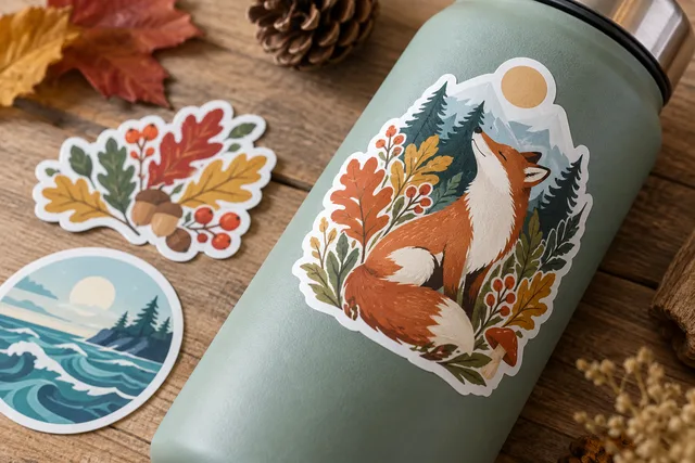 Original illustrative example: smooth printed vinyl stickers applied to a clean reusable item, clear printed detail and adhesive edge