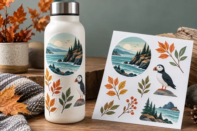 Original illustrative example: smooth printed vinyl stickers applied to a clean reusable item, clear printed detail and adhesive edge