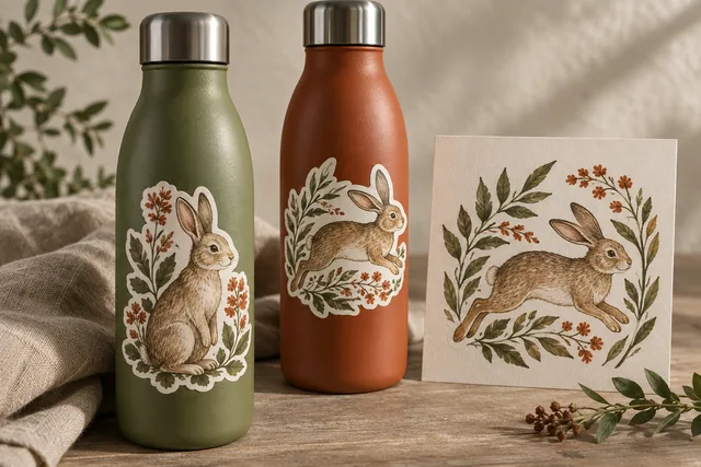 Printed illustrated vinyl stickers fitted to curved reusable water bottles, realistic sticker edges