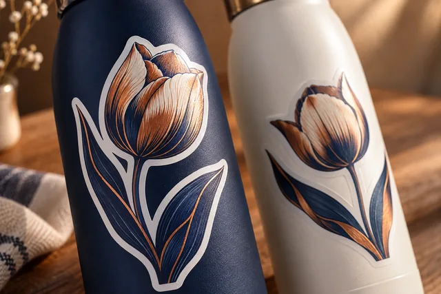 Printed illustrated vinyl stickers fitted to curved reusable water bottles, realistic sticker edges