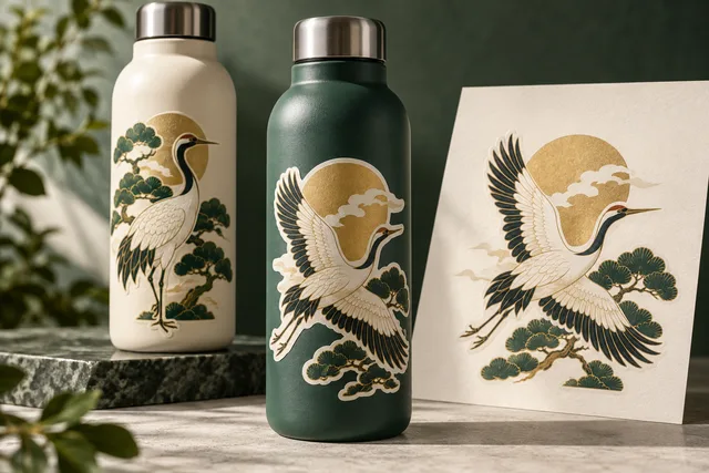 Printed illustrated vinyl stickers fitted to curved reusable water bottles, realistic sticker edges