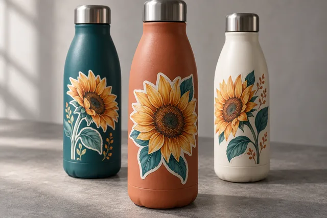 Printed illustrated vinyl stickers fitted to curved reusable water bottles, realistic sticker edges