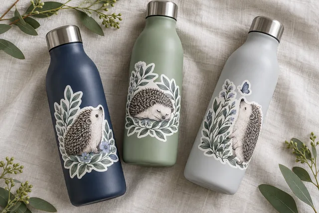Printed illustrated vinyl stickers fitted to curved reusable water bottles, realistic sticker edges