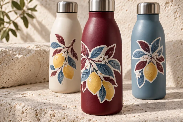 Printed illustrated vinyl stickers fitted to curved reusable water bottles, realistic sticker edges