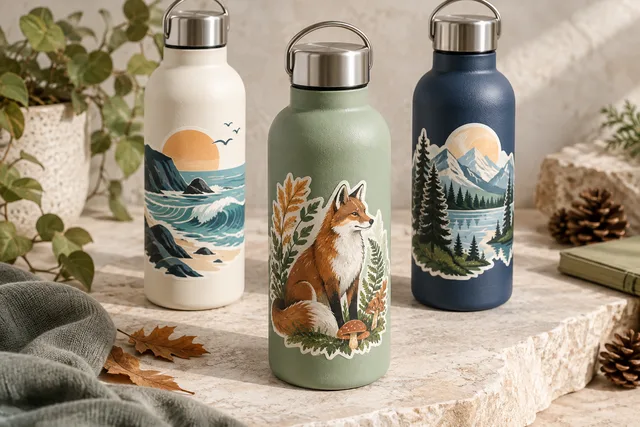 Original illustrative example: printed illustrated vinyl stickers fitted to curved reusable water bottles, realistic sticker edges