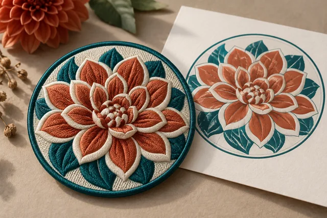 A finished embroidered patch with clearly raised foam-puff satin stitched bold geometric design