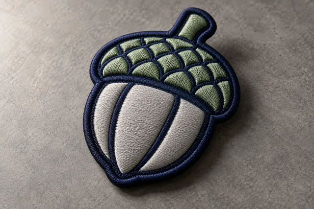 A finished embroidered patch with clearly raised foam-puff satin stitched bold geometric design