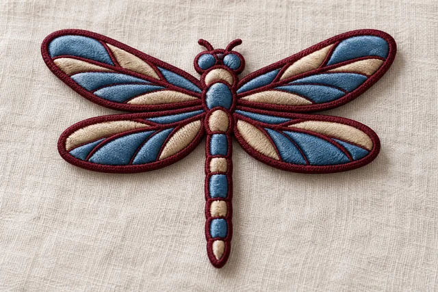 A finished embroidered patch with clearly raised foam-puff satin stitched bold geometric design